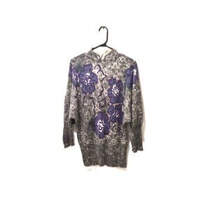 VTG  L’Ultima Beaded Floral Sweater • Grey Knit • Dolman Sleeve M Statement Cozy